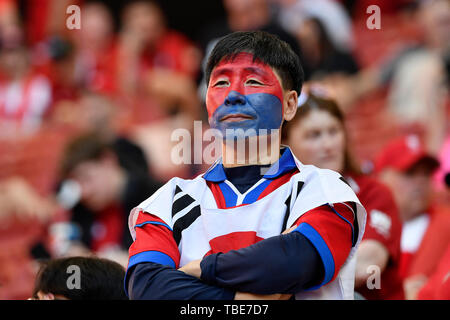 Madrid, Spanien. 01 Juni, 2019. Ein Fan von Tottenham Hotspur mit Südkorea Flagge bemalt auf seinem Gesicht für Tottenham Player's Sohn Heung-min Im steht vor der die 2019 UEFA Champions League Finale zwischen den Tottenham Hotspur und Liverpool an Wanda Metropolitano Stadion, Madrid, Spanien am 1. Juni 2019. Foto von Giuseppe Maffia. Credit: UK Sport Pics Ltd/Alamy leben Nachrichten Stockfoto
