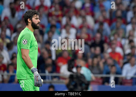 Madrid, Spanien. 01 Juni, 2019. Alisson Becker des FC Liverpool während der 2019 UEFA Champions League Finale zwischen den Tottenham Hotspur und Liverpool an Wanda Metropolitano Stadion, Madrid, Spanien am 1. Juni 2019. Foto von Giuseppe Maffia. Credit: UK Sport Pics Ltd/Alamy leben Nachrichten Stockfoto