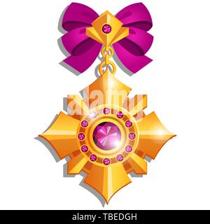 Schöne Medaille aus Edelsteine in Gold mit rosa Schleife auf weißem Hintergrund. Vektor cartoon Close-up Abbildung. Stock Vektor