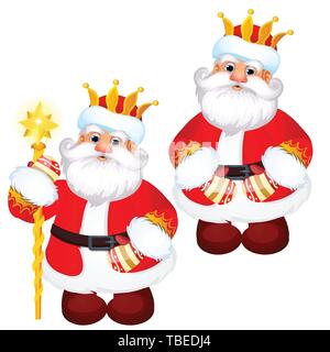 Lustiger Weihnachtsmann in einer gold Royal Crown mit einer goldenen Personal auf weißem Hintergrund. Beispiel für Poster, party Urlaub Einladung, festliche Banner Stock Vektor