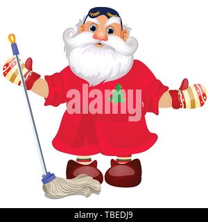 Santa Claus mit einem Mop der Böden auf weißem Hintergrund zu waschen. Beispiel für Poster, party Urlaub Einladung, festliche Banner, Karte. Vektor Stock Vektor