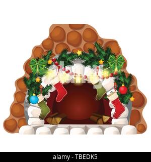 Kamin aus weißen Steinen, Weihnachtsschmuck, Glas Kugeln, Kugeln auf weißem Hintergrund. Beispiel für Poster, party Urlaub Einladung Stock Vektor
