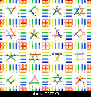 Vektor nahtlose Muster. Reihen von Buntstifte, die Plätze und verschiedenen Formen in diesen Quadraten. Hintergrund Die Website für Künstler, Stoffe, Kinder. Stock Vektor