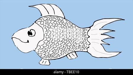 Schwarz und Weiß Skizze von einem Fisch auf blauem Hintergrund. Website über Fische, Humor, Grafiken. Vector Illustration. Stock Vektor