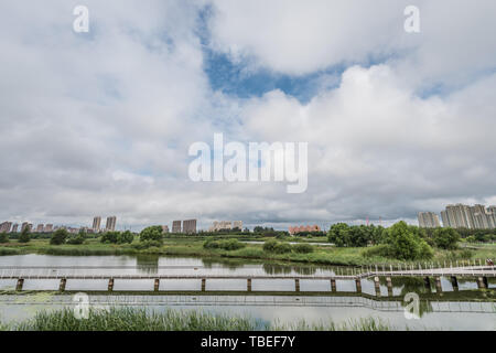 Lakeside Bau grüner Raum doubles bei bewölktem Wetter Stockfoto