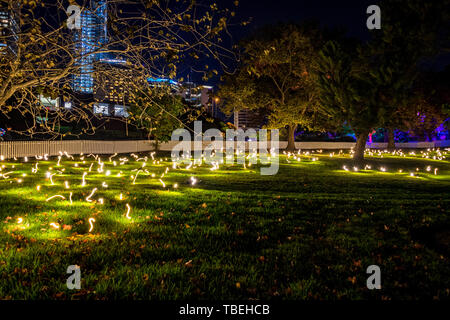 Licht Exponate während der Lebendige im Sydney Botanic Gardens in der Nacht. Stockfoto