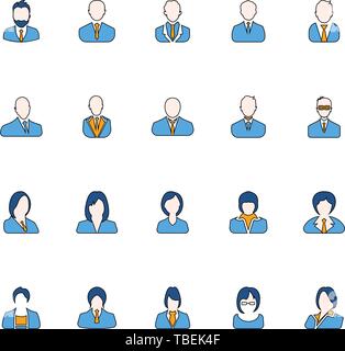 Männer und Frauen avatar Lineare füllen Icons Set-Vektor. Line Art bunte Geschäftsleute Symbole gesetzt Stock Vektor