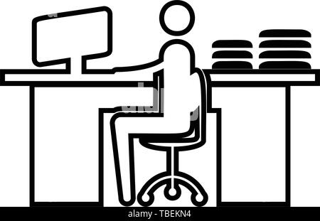 Geschäftsmann das Arbeiten am Computer im Büro icon-linearen Stil Vector schwarz Stock Vektor