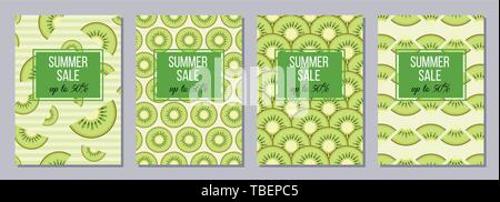 Satz von Flyer, Poster, Banner, Plakate, Broschüre Design vorlagen A6 Größe. Summer Sale Hintergründe mit Scheiben von Kiwi. Früchte helle Kompositionen. Stock Vektor