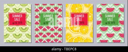 Satz von Flyer, Poster, Banner, Plakate, Broschüre Design vorlagen A6 Größe. Summer Sale Hintergründe mit Zitrone, Kiwi, Wassermelone. Früchte. Stock Vektor
