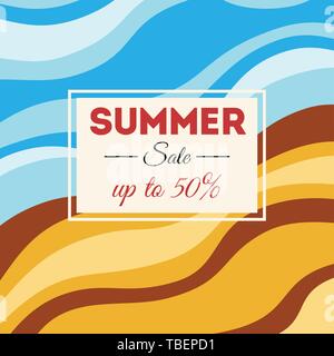 Summer Sale Hintergrund mit gewellten Streifen Simulation der Küste. Gelb, braun, beige Farben. Summer Sale Text in den Rahmen. Tapeten, Flyer. Stock Vektor