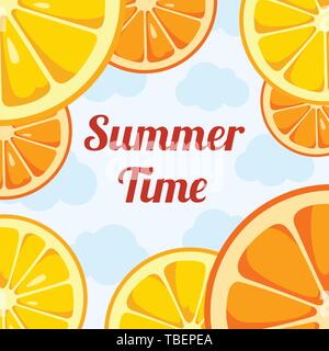 Sommer Hintergrund mit Zitrone und Orange. Design für Grußkarten, Einladungen, Ankündigungen, Werbung. Früchte. Stock Vektor