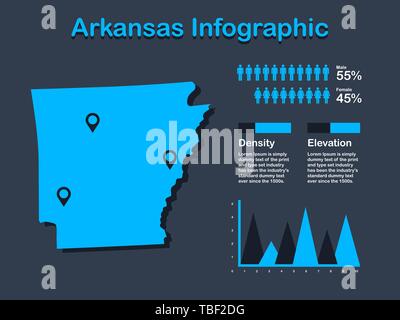 Arkansas State (USA) Karte mit Infografik Elemente in blauer Farbe in dunklen Hintergrund. Moderne grafische Element für Ihre Konstruktion. Stock Vektor