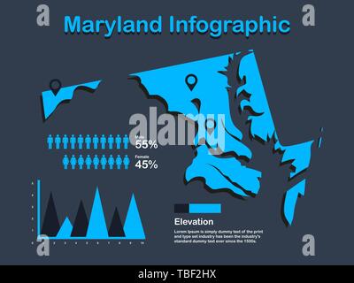 Maryland State (USA) Karte mit Infografik Elemente in blauer Farbe in dunklen Hintergrund. Moderne grafische Element für Ihre Konstruktion. Stock Vektor