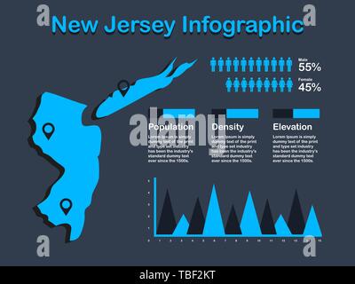 New Jersey State (USA) Karte mit Infografik Elemente in blauer Farbe in dunklen Hintergrund. Moderne grafische Element für Ihre Konstruktion. Stock Vektor