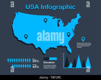 Vereinigte Staaten von Amerika Karte mit Infografik Elemente in blauer Farbe in dunklen Hintergrund. Moderne grafische Element für Ihre Konstruktion. Stock Vektor