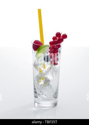 Glas vorbereitet für Cocktail, mit Himbeere, Heidelbeere, Kalk und Rote Johannisbeere eingerichtet, Trinkhalm, Eiswürfel, Deutschland Stockfoto