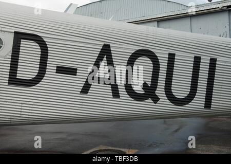 Junkers Ju 52/3 m Berlin-Tempelhof, Baujahr 1936, in Dessau gebaut, Detailansicht Identifier, Kennung D-AQUI, heute Kennzeichen D-CDLH, in Stockfoto