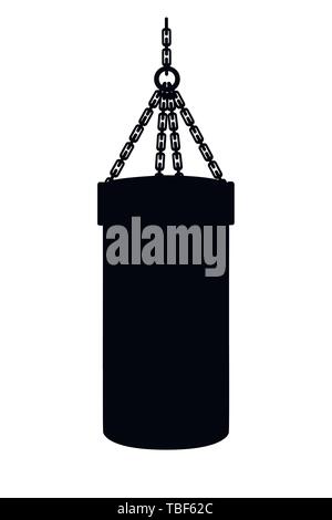 Schwarze silhouette Boxsack mit Ketten an der Decke flachbild Vektor-illustration hängen. Stock Vektor