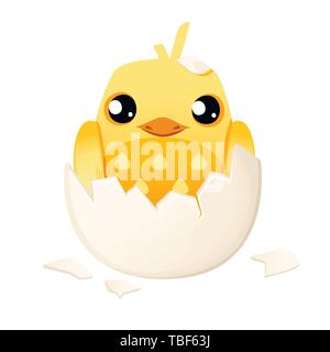 Süße kleine cartoon Küken aus dem Ei weiß gesprungene Ei Cartoon Character Design flachbild Vektor-illustration geschlüpft. Stock Vektor