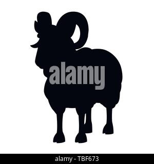 Schwarze silhouette gehörnten Berg ram Schaf Cartoon Character Design flachbild Vektor Tier Abbildung auf weißem Hintergrund. Stock Vektor