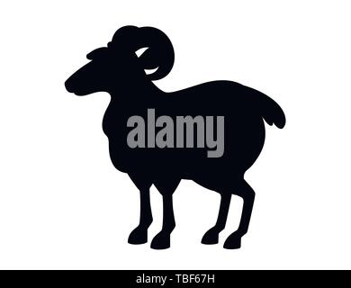 Schwarze silhouette gehörnten Berg ram Schaf Cartoon Character Design flachbild Vektor Tier Abbildung auf weißem Hintergrund. Stock Vektor