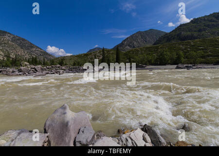 Schnelle aktuelle Der chuya Fluss in den Bergen Altai. Sommer. An der felsigen Küste. Stockfoto