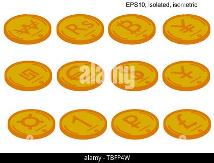 Isometrische Vektor kursmünzensatz der Währungen der Welt. Isometrische Symbole. Elemente des Designs eines Geschäftskonzeptes. Vektor Design Elemente, Wirtschaft oder Finanzen Stock Vektor