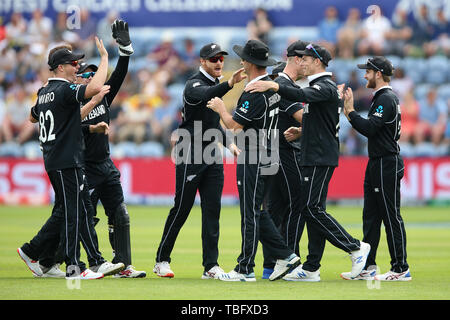 Neuseelands Spieler feiern nach der Einnahme der wicket von Sri Lanka's Kusal Perera während der ICC Cricket World Cup Gruppenphase Spiel in Cardiff Wales Stadion. Stockfoto