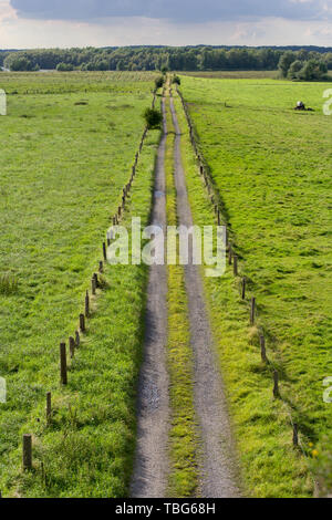 Einer geraden Landstraße mit Zaun und Felder von oben gesehen. Stockfoto
