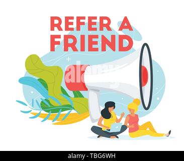 Empfehlen Sie einen Freund Konzept mit Leuten die Silhouetten und übertriebene Megaphon. Freunden oder Kunden sind, miteinander zu reden. Vector Illustration isoliert o Stock Vektor