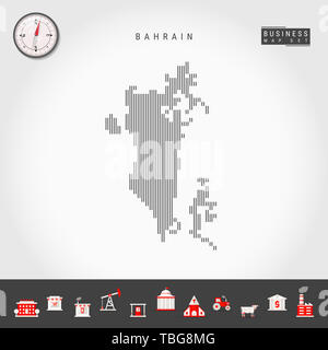 Vertikale Linien Muster Karte von Bahrain. Gestreift Einfache Silhouette von Bahrain. Realistische Kompass. Business Infografik Symbole. Stockfoto