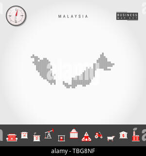 Vertikale Linien Muster Karte von Malaysia. Gestreift Einfache Silhouette von Malaysia. Realistische Kompass. Business Infografik Symbole. Stockfoto