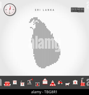 Vertikale Linien Muster Karte von Sri Lanka. Gestreift Einfache Silhouette von Sri Lanka. Realistische Kompass. Business Infografik Symbole. Stockfoto