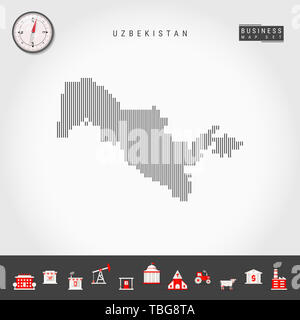 Vertikale Linien Muster Karte von Usbekistan. Gestreift Einfache Silhouette von Usbekistan. Realistische Kompass. Business Infografik Symbole. Stockfoto