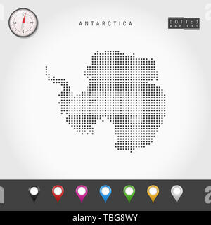 Punkte Karte der Antarktis. Einfache Silhouette der Antarktis. Realistische Kompass. Eingestellt von bunten Karte Markierungen. Abbildung. Stockfoto