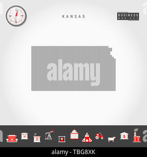 Vertikale Linien Muster Karte von Kansas. Gestreift Einfache Silhouette von Kansas. Realistische Kompass. Business Infografik Symbole. Stockfoto