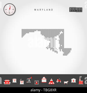 Vertikale Linien Muster Karte von Maryland. Gestreift Einfache Silhouette von Maryland. Realistische Kompass. Business Infografik Symbole. Stockfoto