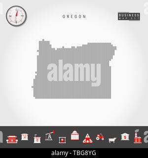 Vertikale Linien Muster Karte von Oregon. Gestreift Einfache Silhouette von Oregon. Realistische Kompass. Business Infografik Symbole. Stockfoto