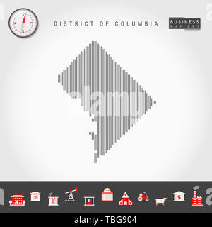 Vertikale Linien Muster Karte von Distrikt von Columbia. Gestreift Einfache Silhouette von Washington, DC. Realistische Kompass. Business Infografik Symbole. Stockfoto