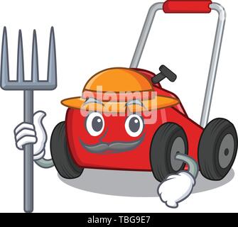 Landwirt Rasenmäher im ein Maskottchen Form Stock Vektor