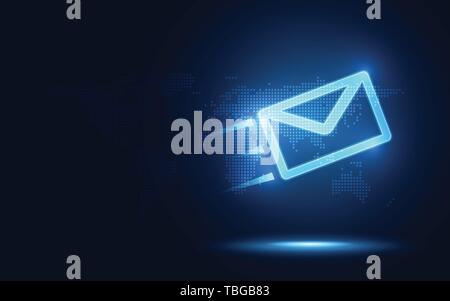 Futuristische blaue Express Envelope und Paket abstrakte Technologie Hintergrund. Business quantum Internet Netzwerk Kommunikation und high speed Paket deli Stock Vektor