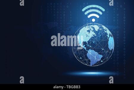 Futuristische blaue Erde mit Wifi Internet abstract Technologie Hintergrund. Künstliche Intelligenz digitale Transformation und große Daten Konzept. Geschäft Stock Vektor