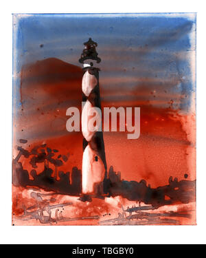 Kunst Aquarell, das auf YUPO synthetischem von Cape Lookout Leuchtturm auf den Outer Banks von North Carolina - USA Stockfoto