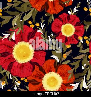 Retro aquarell Stil Floral Design. Bunte Feder nahtlose Hintergrundbilder mit niedlichen roten und orangefarbenen Blüten. Vektor handgezeichnete Abbildung. Stock Vektor