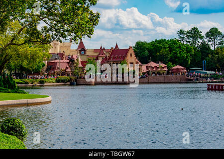 Orlando, Florida. März 27, 2019. Panoramablick über Deutschland Pavillons in Epcot in Walt Disney World. Stockfoto