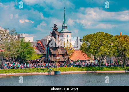Orlando, Florida. März 27, 2019. Panoramablick über Norwegen Pavillons in Epcot in Walt Disney World. Stockfoto