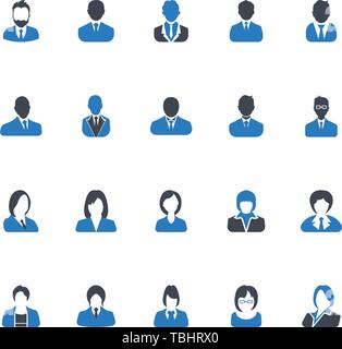 Kaufmann und Kauffrau Symbole, avatar Symbol - Blau auf weißem Hintergrund Stock Vektor