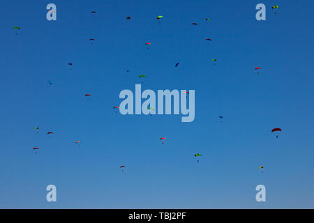 Viele kleine Fallschirmjäger in den blauen Himmel mit bunten Fallschirmen beim Fallschirmspringen mit extremen Flug nach unten. Adrenalin und Sport. Stockfoto