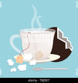 Schale der Kokosnuss Kaffee. Tee Beutel mit Stücken von Kokosnuss auf der Untertasse. Kokosnuss Frucht hinter die Schale. Rauch auf das Getränk. Löffel in der Tasse. Stock Vektor